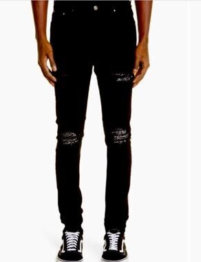 Amiri MX1 Bandana Ripped Patch Skinny Jeans Jet Black Denim size 33 Style #126